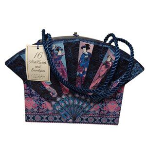 Indigo Geisha 16 Notecards and Envelopes in a Asian Fan Shaped Box Gift Idea